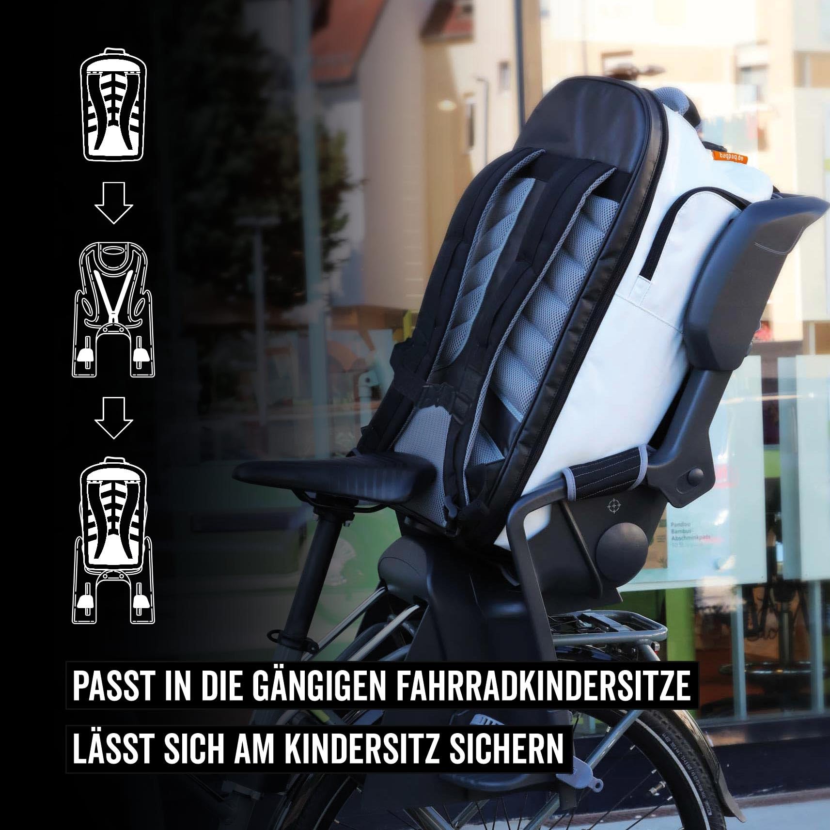 Fahrradrucksack wasserdicht 40L Schwarz Weiß – großer Rucksack für Herren & Damen – Einkaufsrucksack für Fahrrad, Gepäckträger & Kindersitz kompatibel – wasserfester PVC Rucksack