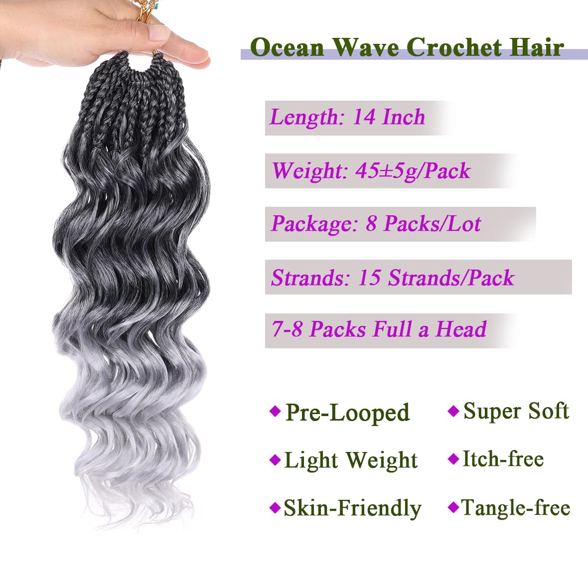 Kachanaa 14 Inch Pre Looped Ocean Wave Crochet Hair 8 Pack Curly Boho Ocean Braids Ombre Grey Pre Twisted Synthetic Deep Wavy Twist Hair TGREY# - Image 3