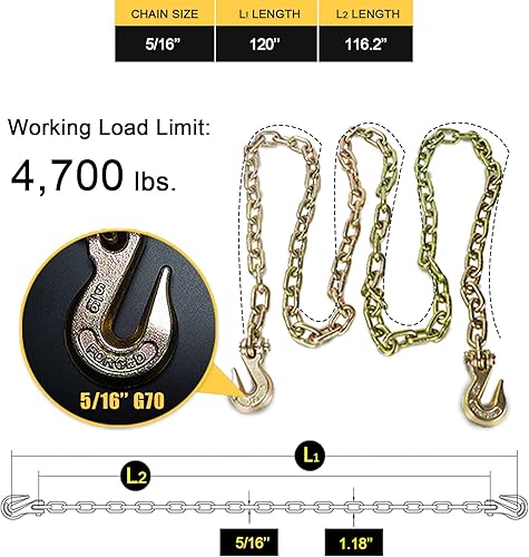 Miniatura 22 de Cadena de carpeta de transporte, cadena de remolque con G70, 3/8 pulgadas x 10 pies, con ganchos de agarre de horquilla, límite de carga de trabajo