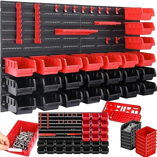 BAKAJI Pannello Da Parete 45pz con Box Contenitori Portautensili e Stand Attrezzi Officina Porta Utensili Minuteria Da Garage 95 x 54 cm Montaggio a Muro