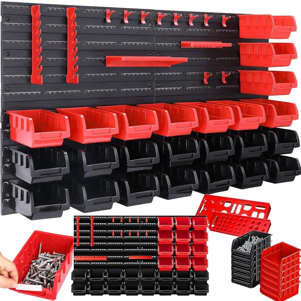 BAKAJI Pannello Da Parete 45pz con Box Contenitori Portautensili e Stand Attrezzi Officina Porta Utensili Minuteria Da Garage 95 x 54 cm Montaggio a Muro