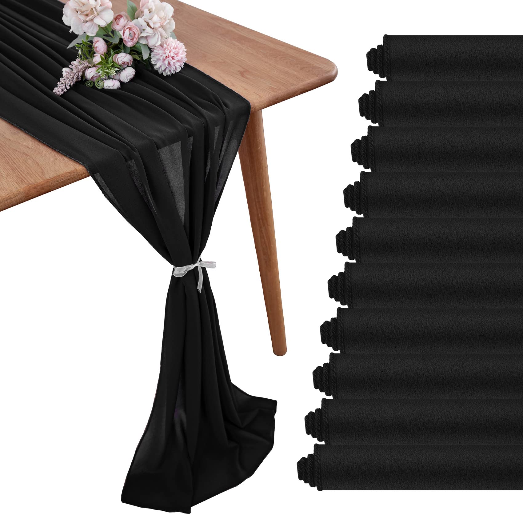 BEDDEB 10 Pack Black Chiffon Table Runner 10Ft Sheer Wedding Table Runner 29x120 Inches Romantic Tulle Table Runner for Rustic Wedding Decor Birthday Party Bridal Baby Shower Table Decoration