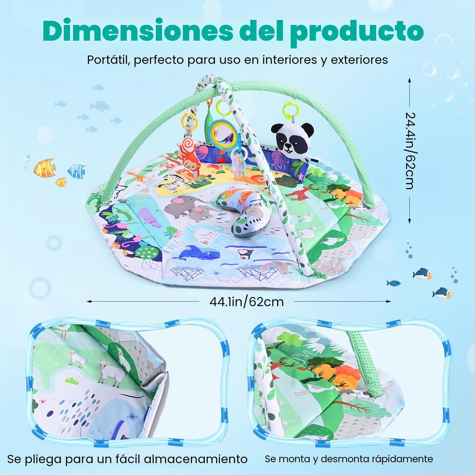Arco de juego plegable para bebé con zonas de desarrollo, juguete sensorial interactivo de madera, manta para gatear para bebés para la motricidad y el desarrollo sensorial, esencial para 0 – 18 meses