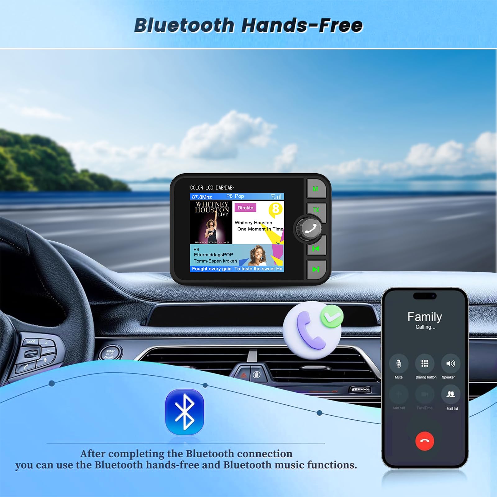 DAB Adattatore per Autoradio 2.4'' LCD Portatile DAB + Autoradio Adattatore con FM Trasmettitore Audio/Bluetooth Vivavoce/Bluetooth Musica/AUX In&Out/Supporto TF Card