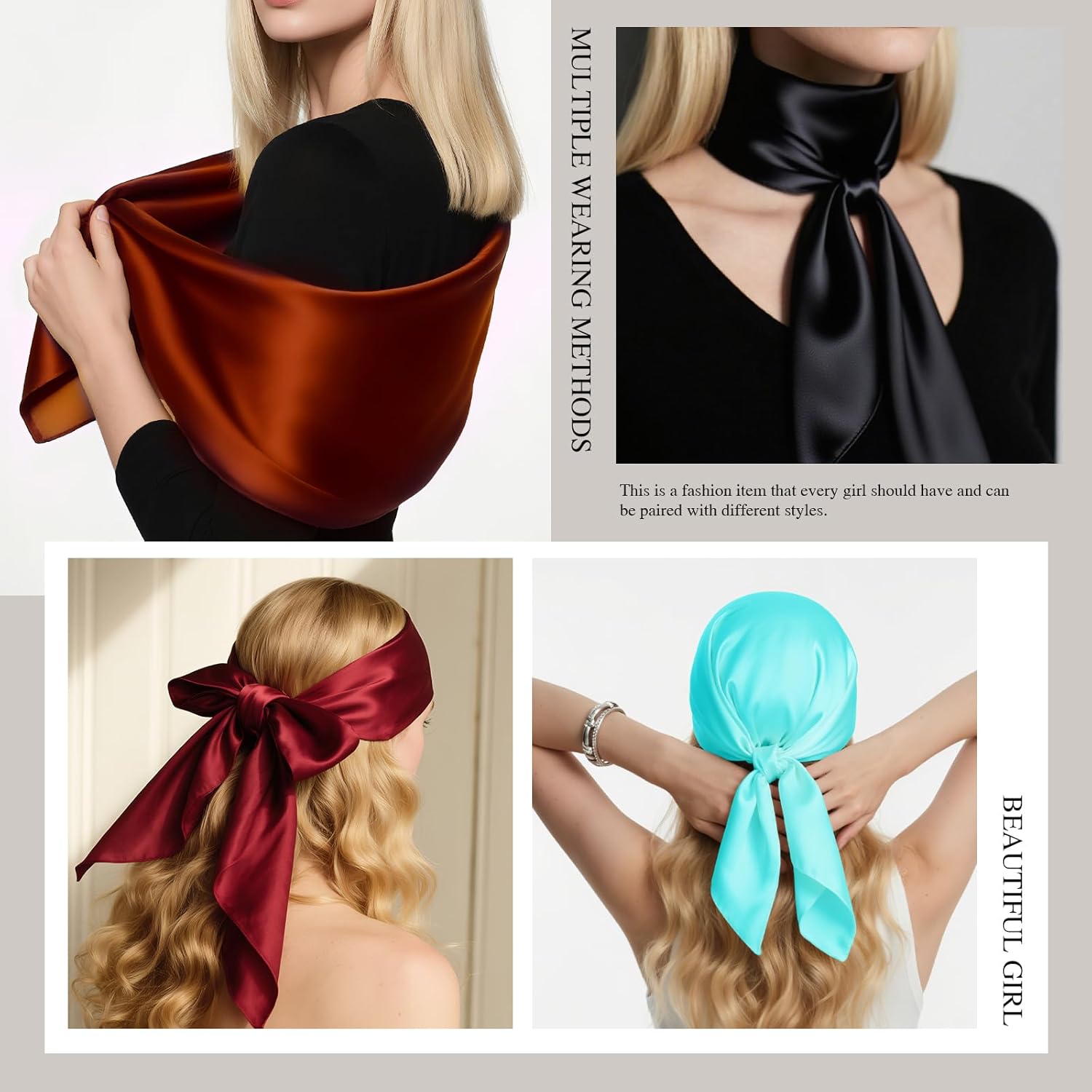 Q&J FABRIC CO. Square Silky Head Scarf Satin Head Scarves Neck Scarfs Bonus 3 Satin Scrunchies for Women Hair - Image 4