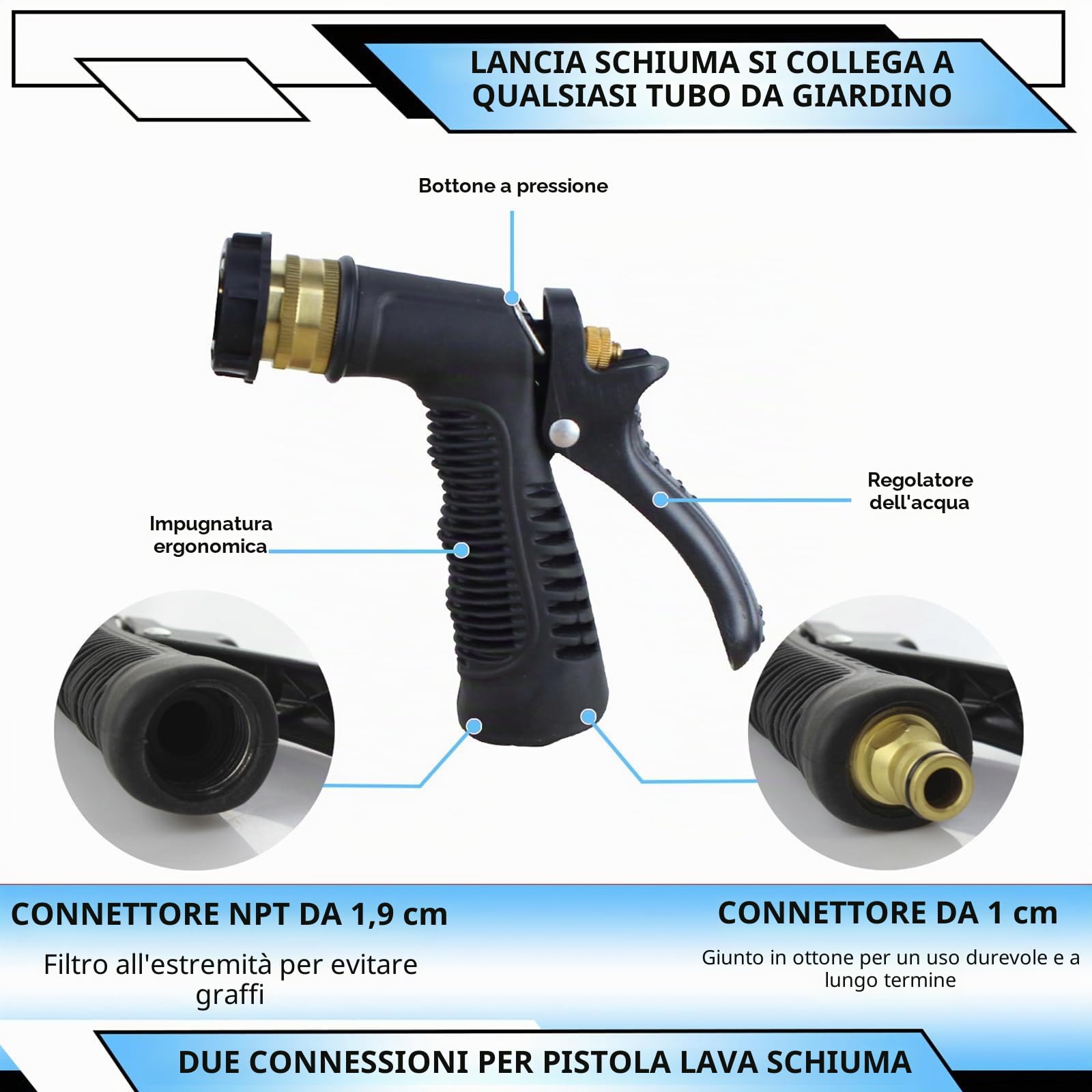 Pistola a Schiuma per Auto, 900 ml 2 in 1 con Lancia in Schiuma Regolabile per la Pulizia di Auto, in Schiuma, Cannone da Giardino, per la Pulizia di Auto e Moto (Blu)