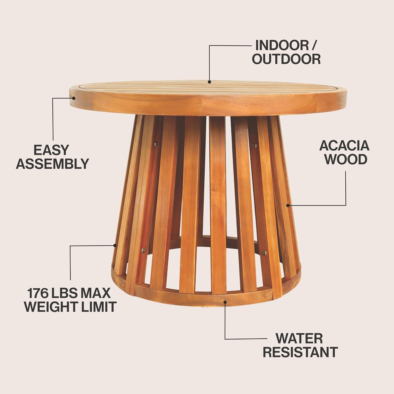 JONATHAN Y Solanya 28" Natural Brown Round Acacia Wood Outdoor Coffee Table with Slatted Tapered Base, Weather-Resistant Solid Wood Center Table for Patio, Garden, Deck END7000A