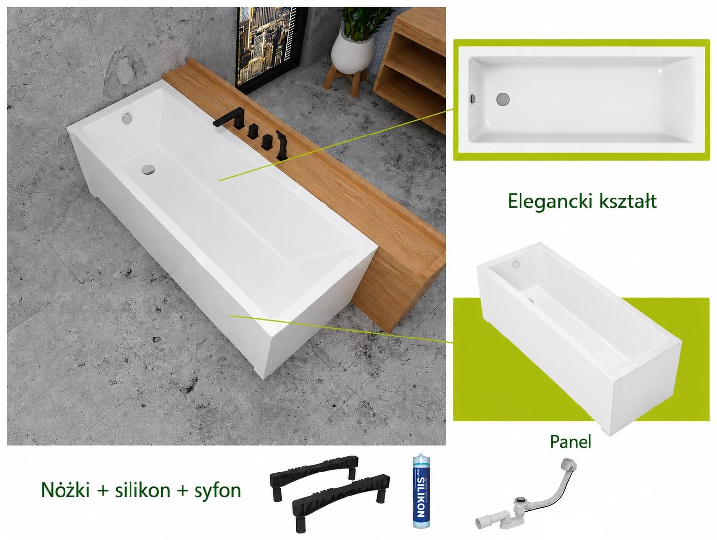 Wanna ECOLAM Marella 160x70 cm + obudowa | Nowoczesna wanna prostokątna, najwyższej jakości wanna akrylowa | Kompletny zestaw z odpływem, nóżkami i silikonową obudową