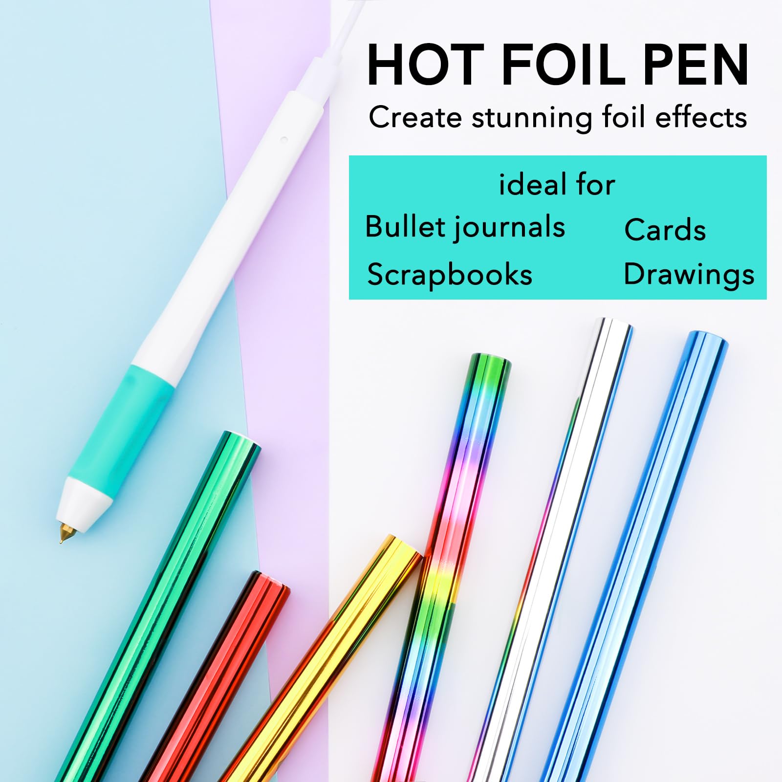 7 pennarelli termoadesivi e rotolo di lamine termoadesive per creazione di biglietti, artigianato, scrapbooking, penna da disegno con cavo USB DC5V per scrivere