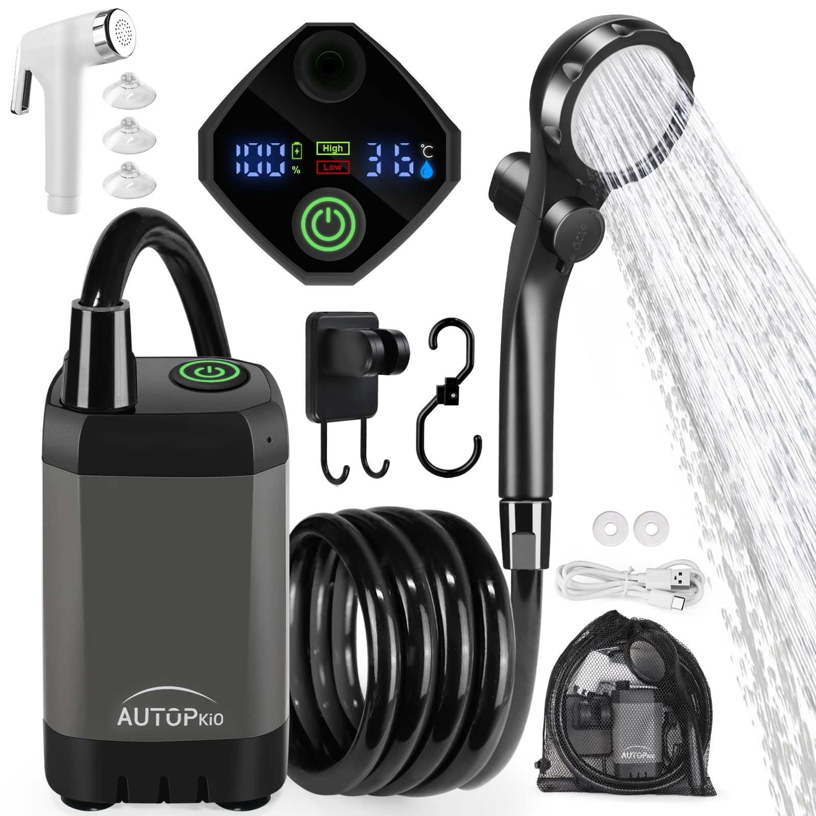 AUTOPkio Portable Camping Shower, Upgraded Outdoor Shower with 6000mAh Rechargeable Pump & Battery, Intelligent Digital Display for RV, Pet, Car Washing, Emergency (Grey) โ image 1