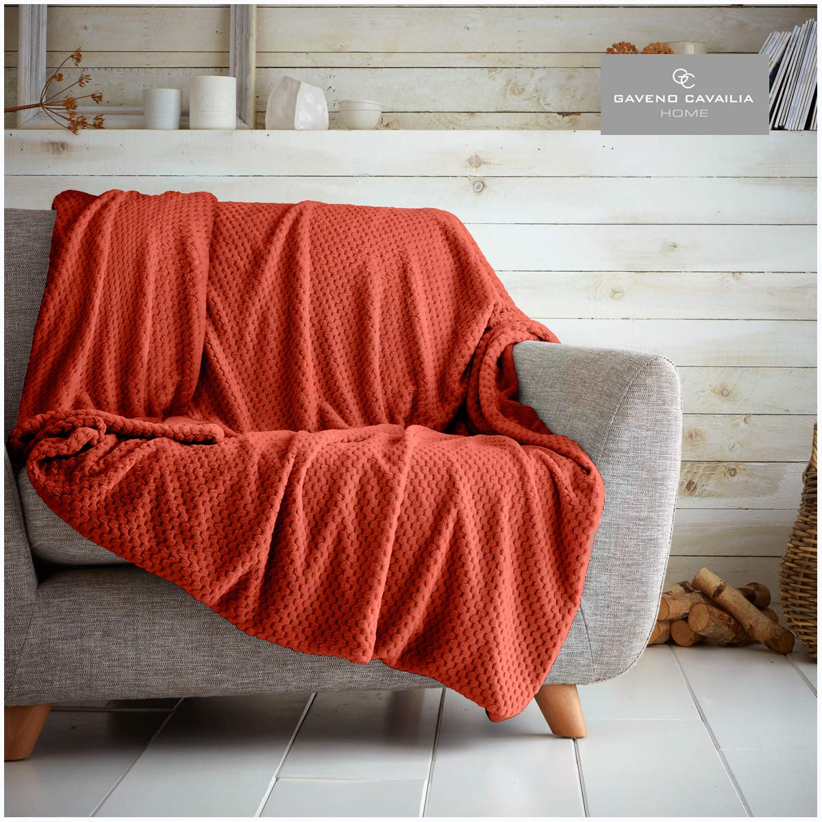 GC GAVENO CAVAILIA Easy Care Teddy Fleece Throw, Luxury Super Soft & Warm Honeycomb Settee Blanket, Size, Polyester, Popcorn-Rust, Single(130X150)