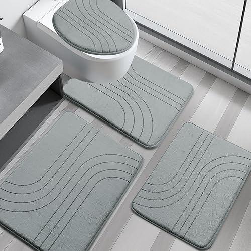 Miniatura 21 de YIHOUSE - Juego de alfombras de baño de espuma viscoelástica azul, suaves, antideslizantes y extra gruesas para baño, bañera, inodoro y piso Azul