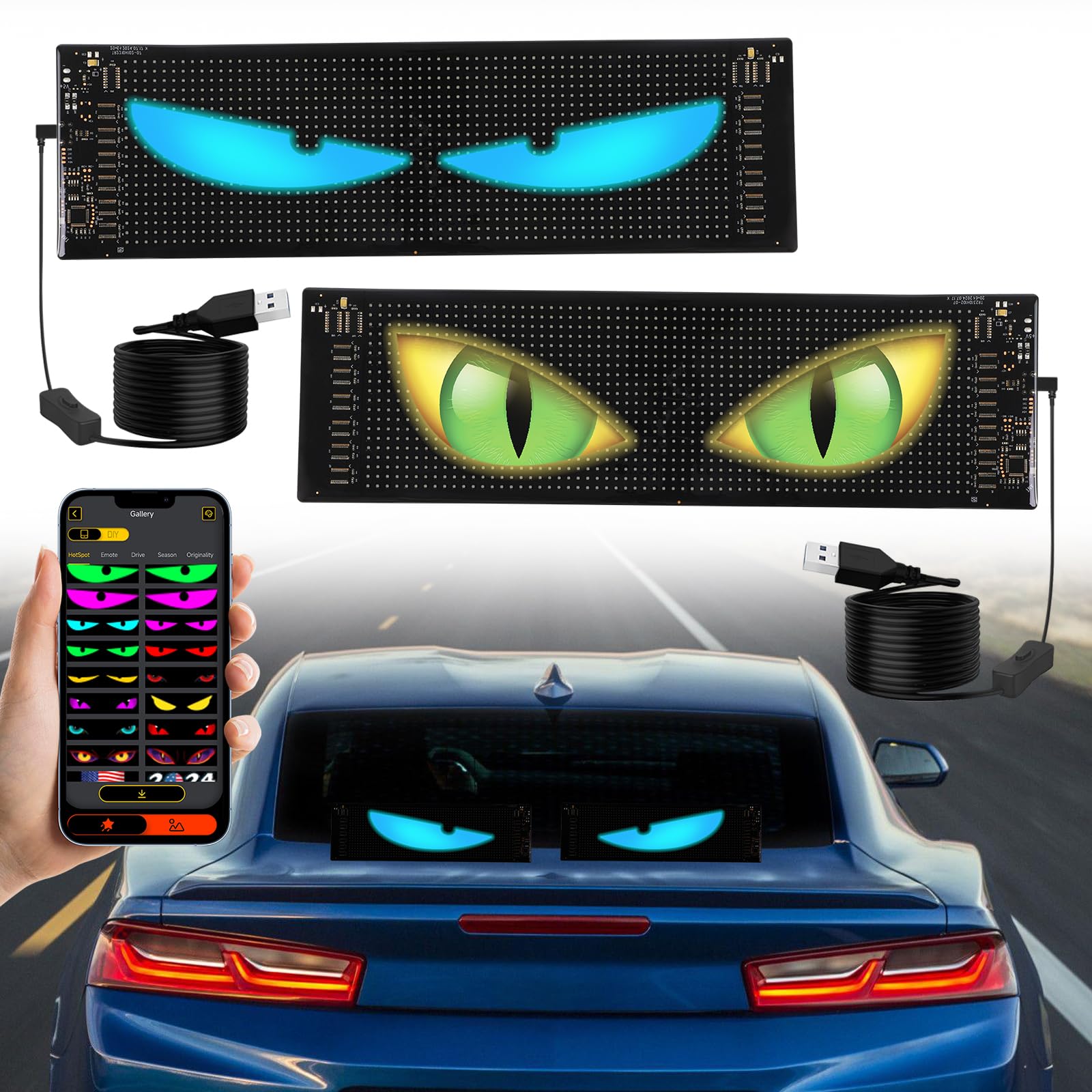 2Pcs Led Eyes for Car - 4.01 * 13.7Inch Windshield Animated Devil Light for Cars, DIY Programmable Flex Colorful Lamp Soft Screen for Car Truck Windows With App Control