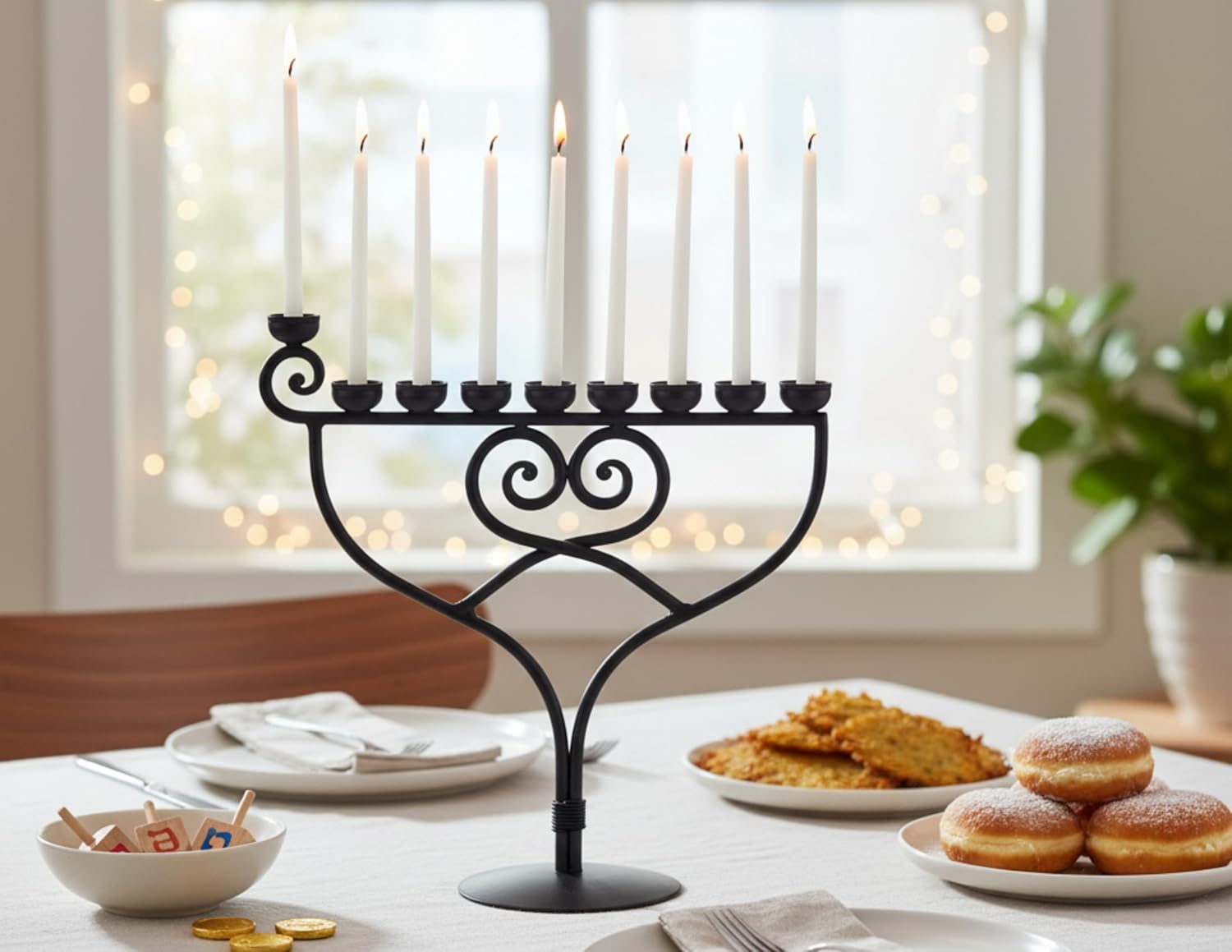 RTZEN Hanukkah Menorah 9 Branch - Large Wrought Iron Menorah Candle Holder - Handmade, Kosher, Fits Various Candle Sizes - Made to Last - Unique Black Menorahs for Chanukah