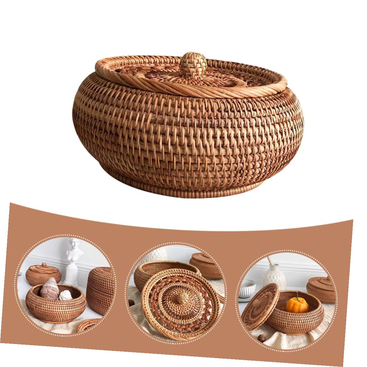 Veemoon Cesto Porta Dolci in Rattan Intrecciato Contenitore Versatile Coperchio per Snack e Dolci, per Regalo di Inaugurazione Casa o Studio
