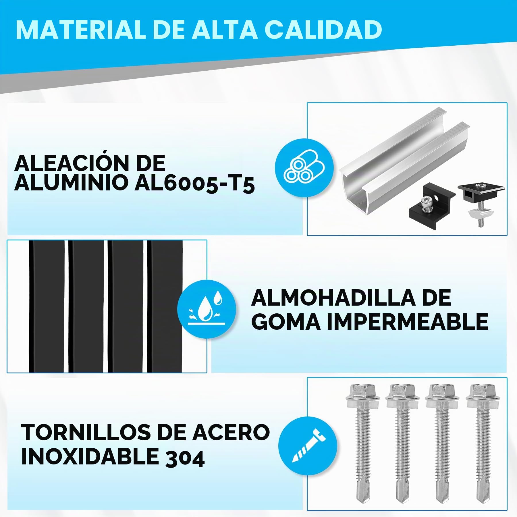 Kit de Montaje para Módulos Solares, Soporte Fotovoltaico para 4 Módulos, Riel Plateado de 12CM + Clips de Drenaje de Agua 30 mm + Abrazadera Ajustable para Módulos de 30-35MM de Grosor