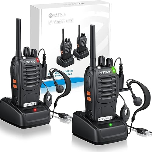 eSynic Walkie Talkies recargables con auriculares, 2 radios bidireccionales de largo alcance de 16 canales USB de carga, transceptor de mano Walky