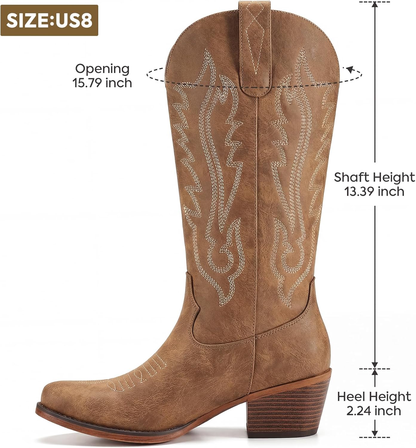 Rollda Cowboy Boots for Women, Cowgirl Boots Mid Calf, Ladies Western Boots with Side Zipper Snip Toe Chunky Heel Pull On