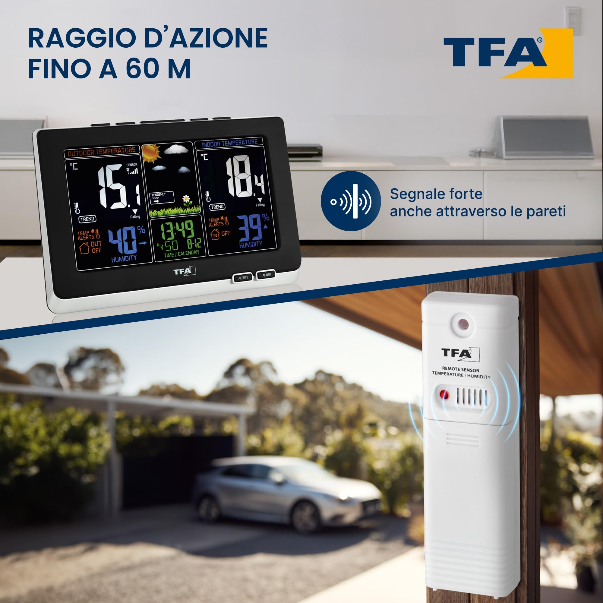 TFA Dostmann stazione meteo con sensore esterno, wireless Spring, 35.1129.01, temperatura e umidità, previsioni del tempo, allarme temperatura, nero