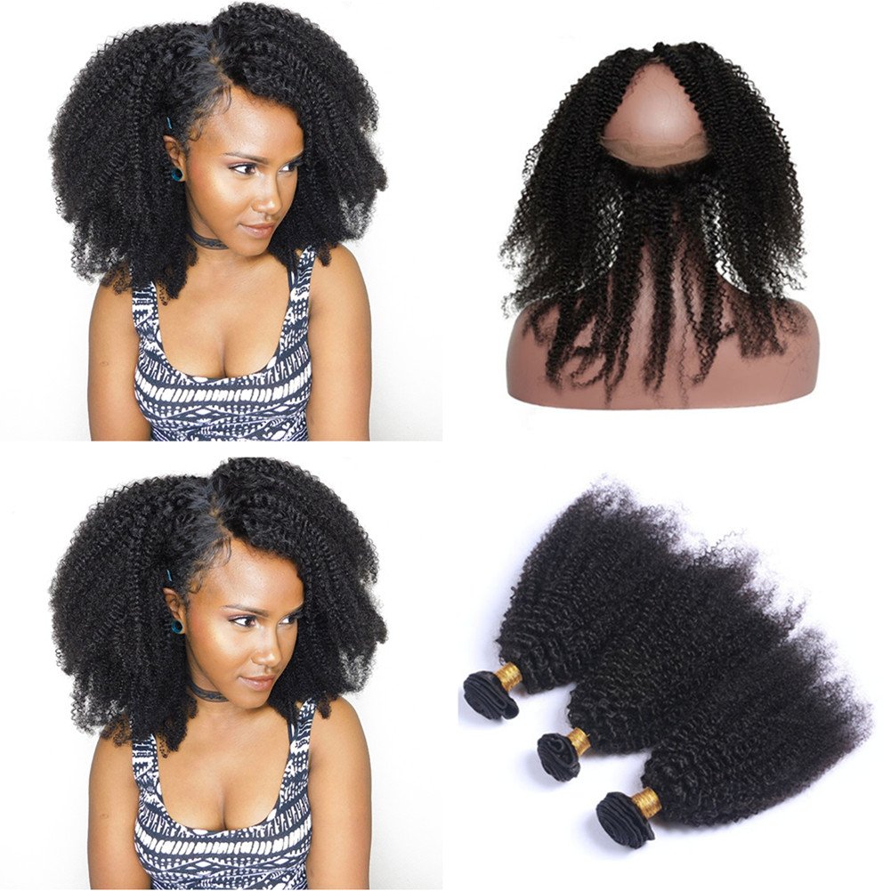 22.5x4x2'' Pre Plucked 360 Lace Frontal Closure With 3 Bundles 4Pcs Lot Brazilian Afro Kinky Curly Virgin Human Hair Weaves With 360 Full Lace Band Frontal (18+20 22 24)