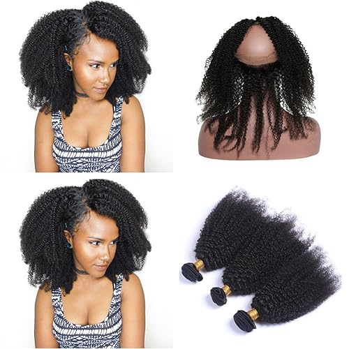 Ruma 22.5 x 4 x 2" Pre de pelo rasgueadas 360 cierre frontal de encaje con 3 Bundles 4pcs Lot Brazilian Afro Kinky rizado cabello humano Weaves
