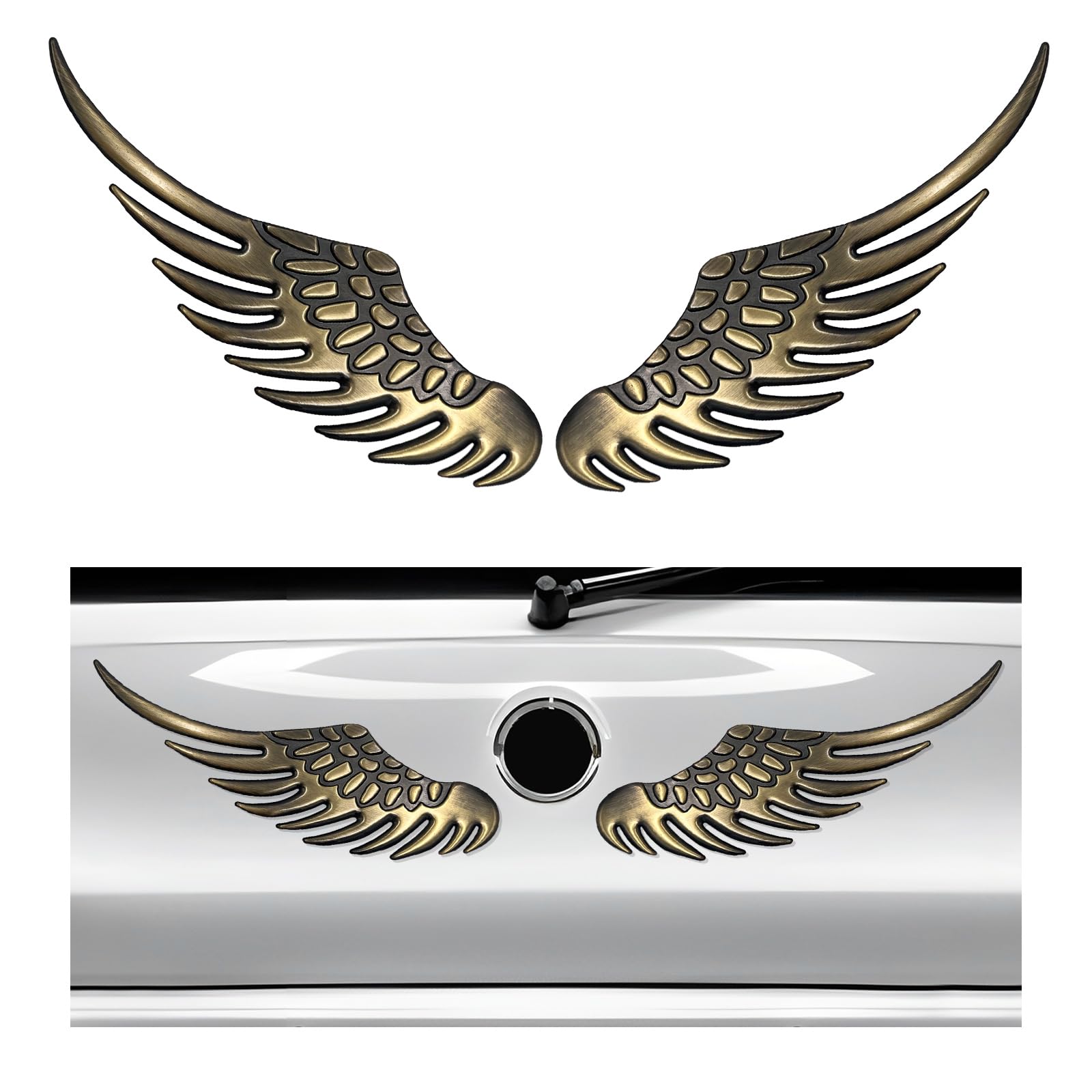 2PCS Angel Wings Car Stickers, 3D Alloy Metal Angel Hawk Eagle Wings Emblem Badge Decal, Anti-Collision Auto Body Logo Sticker, Universal Vehicle Exterior Decor Accessories (Golden & Black)
