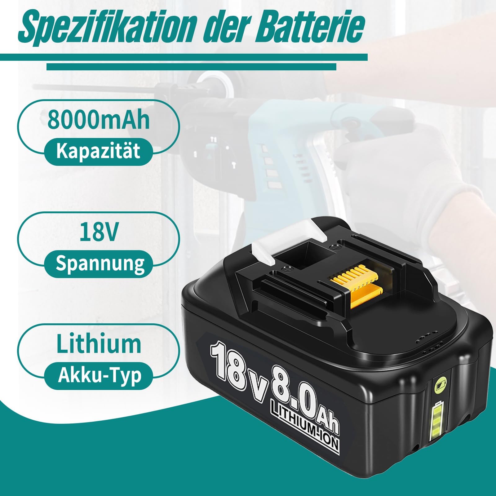 6 Stück 8.0Ah Ersatzakku für Makita Akku 18V Kompatible mit Makita Akku BL1850 BL1850B BL1860 BL1860B BL1840B BL1840 BL1830 BL1835 BL1845 194204-5 LXT-400 Werkzeugakku mit LED