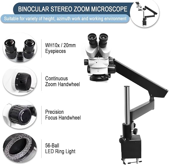 Jewelry Microscope, Professional Binocular Stereo Zoom Microscope with Articulating-Arm Boom Stand, WH10x Eyepieces, 7X-45X Magnification, 56-Bulb LED Ring Light, 0.5X Barlow Lenses