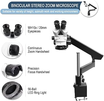 Jewelry Microscope, Professional Binocular Stereo Zoom Microscope with Articulating-Arm Boom Stand, WH10x Eyepieces, 7X-45X Magnification, 56-Bulb LED Ring Light, 0.5X Barlow Lenses
