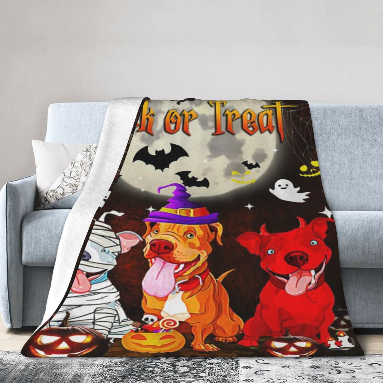 Lsjuee Flannel Fleece Blanket 50"X40" Pitbull Hallowen Trick Or Treat Bed Throw Blanket Funny Ultra-Soft Travel Winter Blankets for Couple Keep Warm