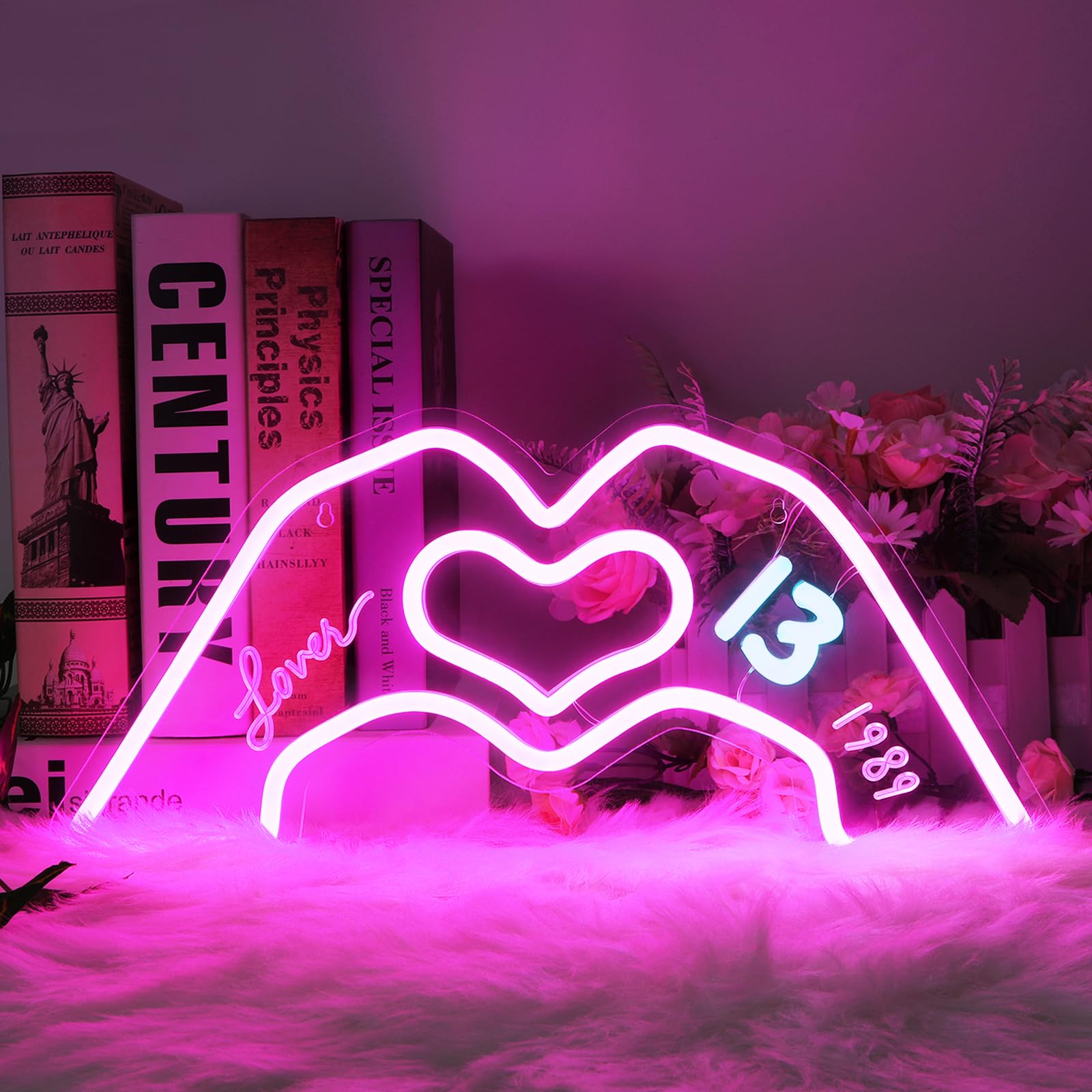 SINTENILL Heart Hands Neon Sign Light, Pink Neon Light Signs for Wall Decor Aesthetic, Dimmable and USB Powered Led Light for Girls Room, Bedroom,