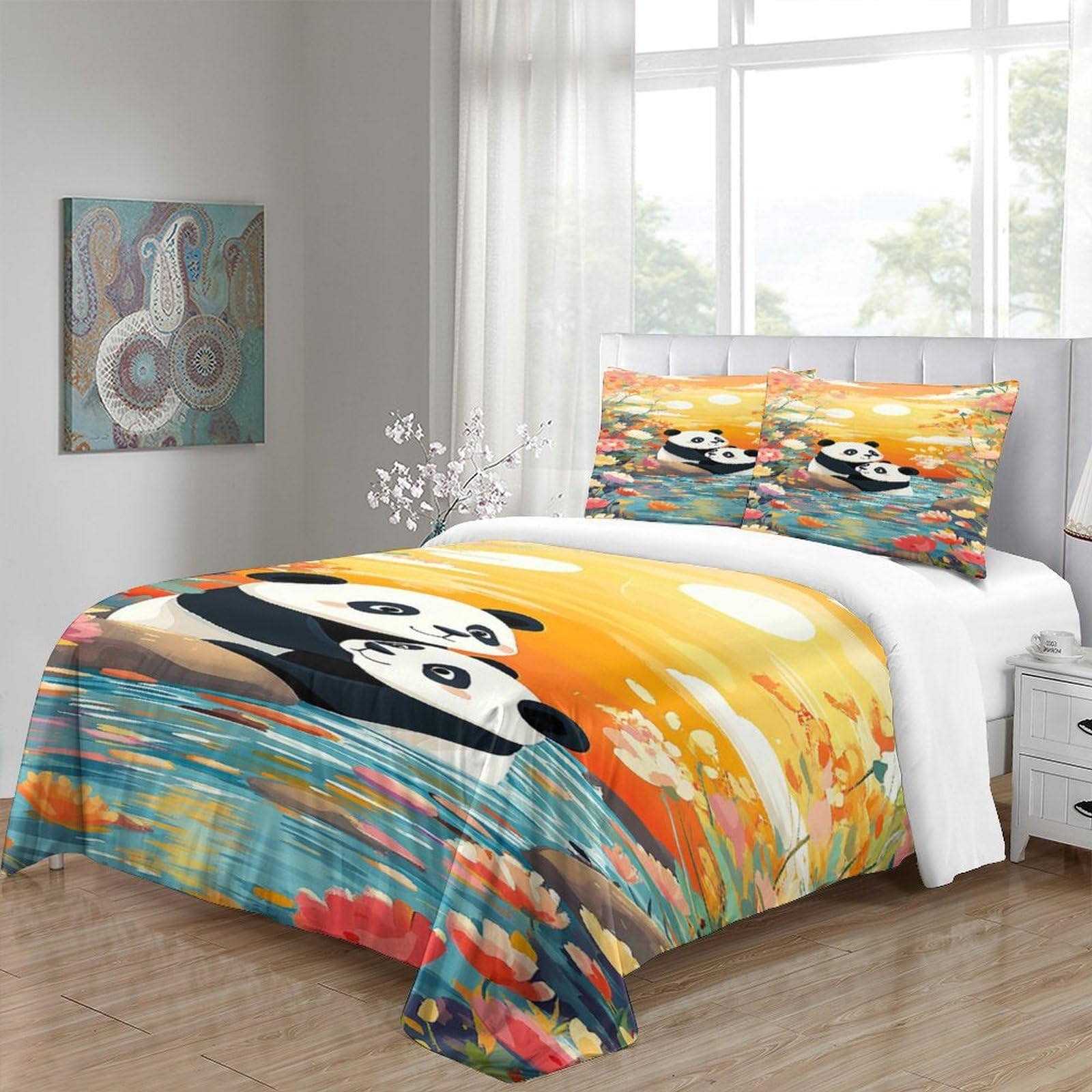 Panda-Pärchen 3D-Bedruckt 3er-Set Steppbezug Cartoon-Blumenszene Bettbezug Mikrofaser Hypoallergen Staubmilbenfest für Jungen Mädchen Erwachsene Super King（260x220cm）