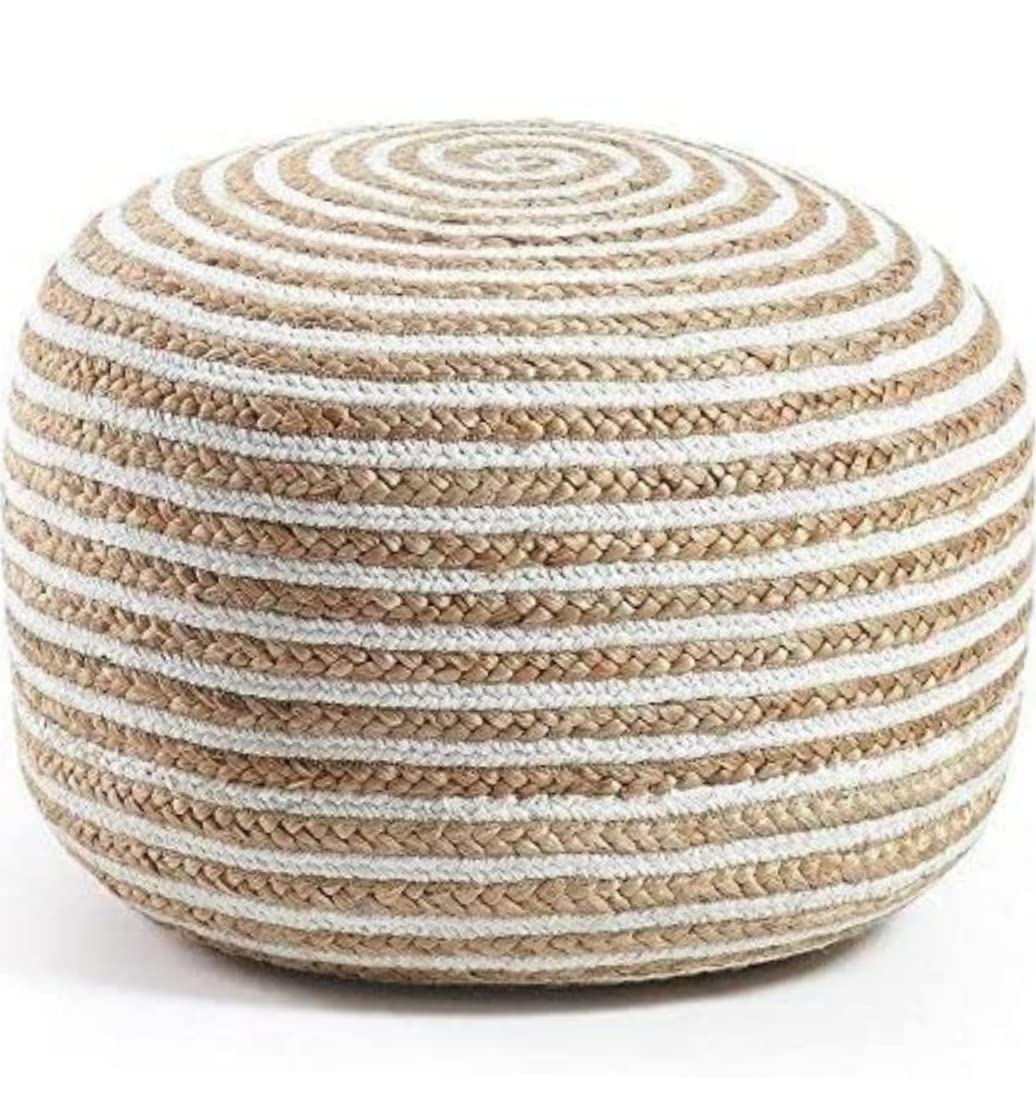 UR Home Round Pouf, Footstool, Upholstered Hand Braided Jute and Cotton, for The Living Room, Bedroom and Kids Room (50x50x25)-image-14