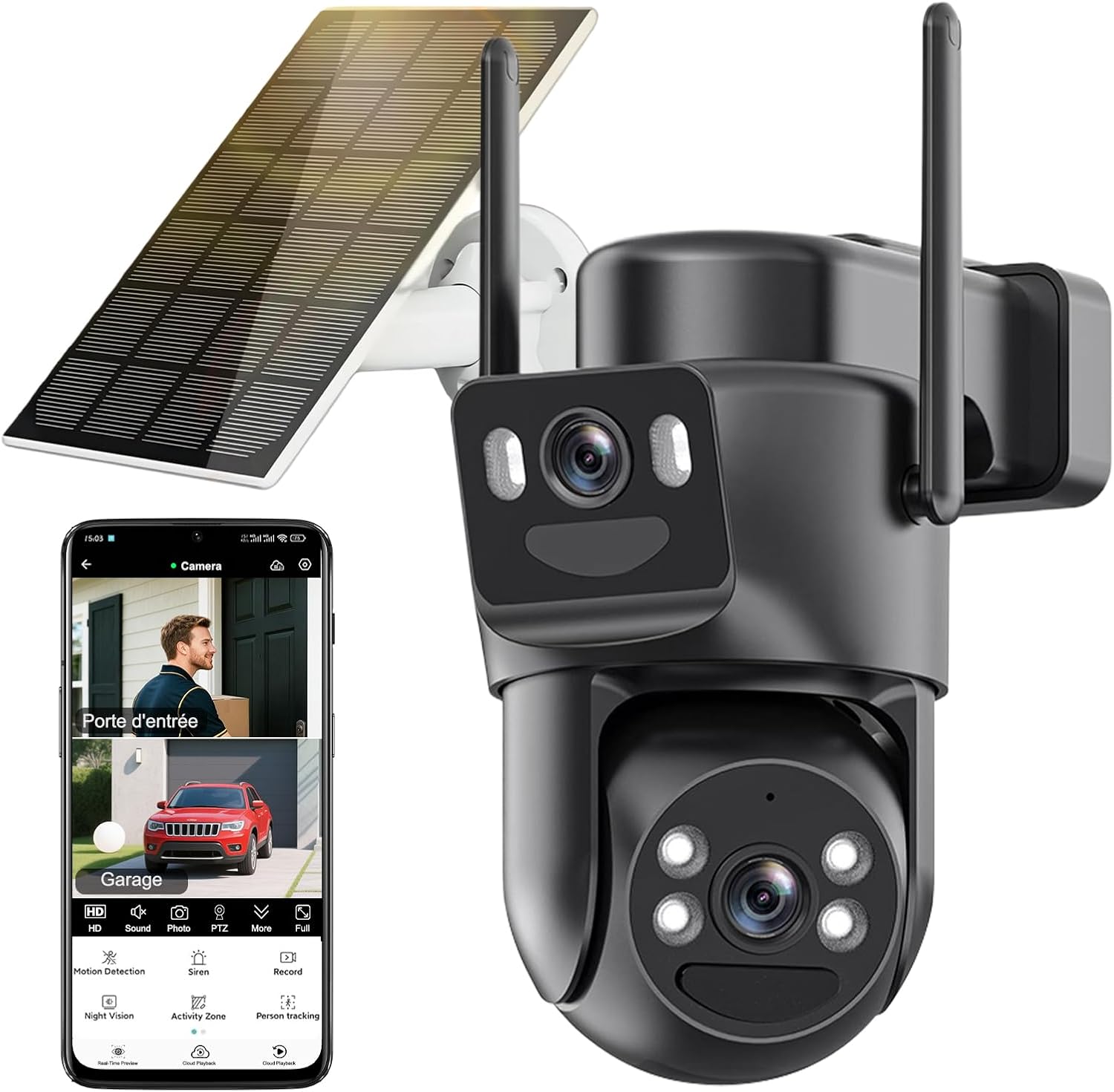 Caméra de surveillance WiFi extérieure sans fil HD, solaire/batterie/double objectif, audio bidirectionnel, sécurité domestique PTZ 360°, suivi automatique, vision vocale, alarme lumineuse et sonore