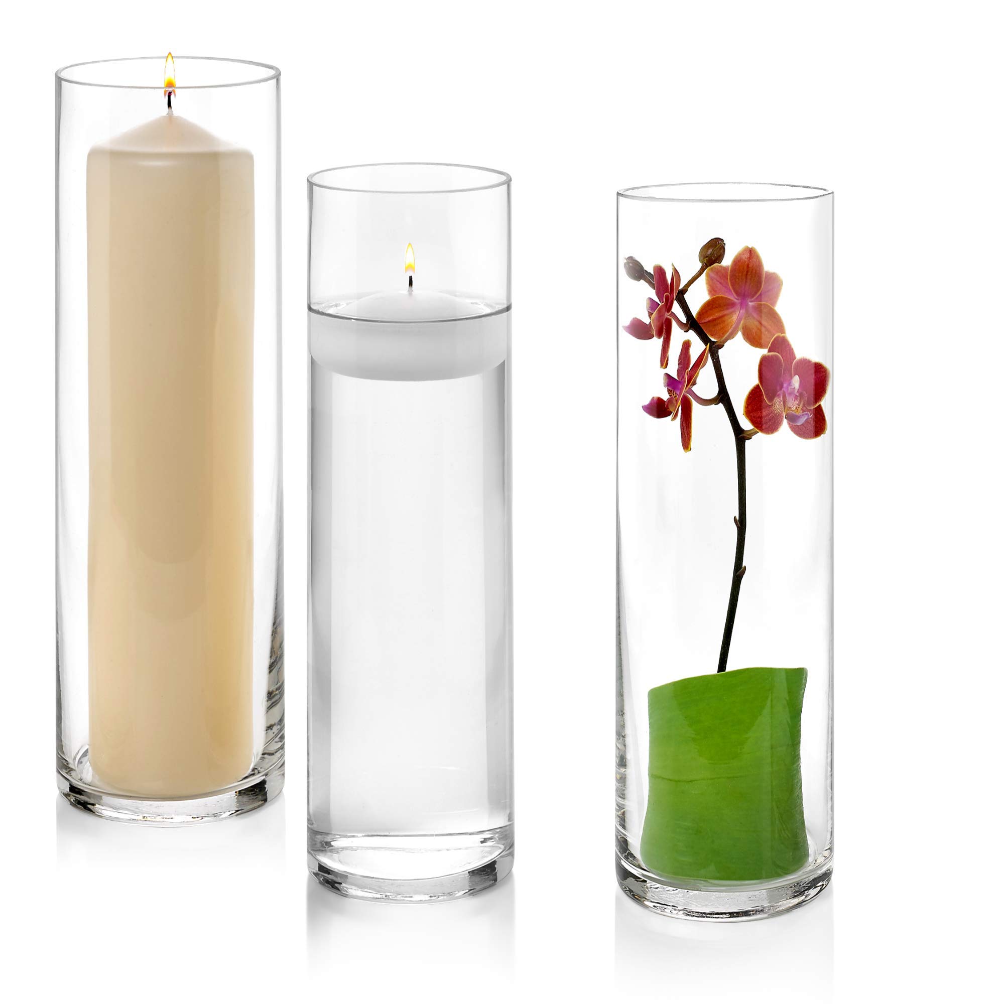 Set of 3 Glass Cylinder Vases 12 Inch Tall Multiuse Pillar Candle