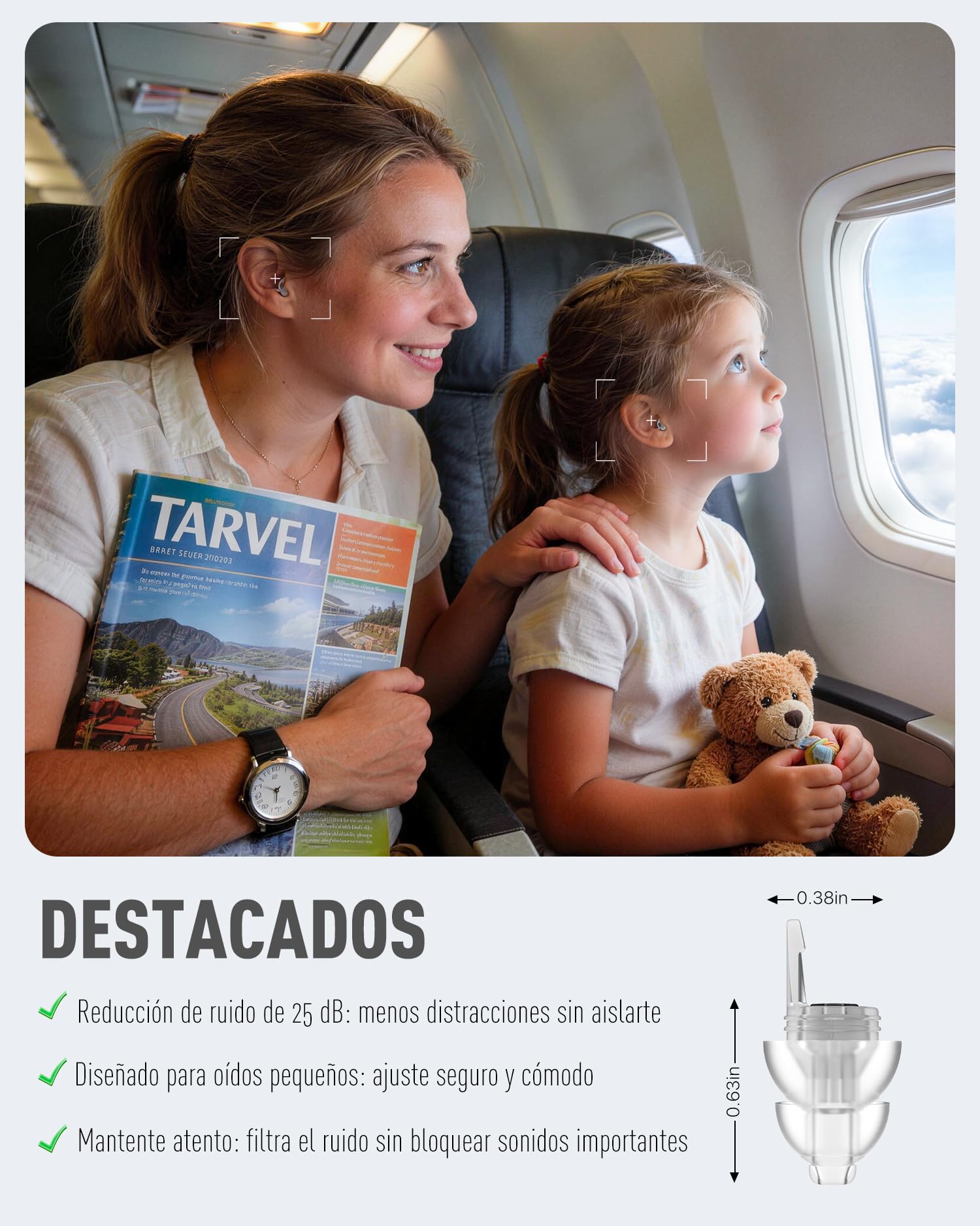 Tapones para los oídos para avión 2 pares, Tapones Reutilizables para prevenir el dolor de tímpano y Antiruido, Protección Auditiva para Adultos/Niños 12+ con pequeños canales