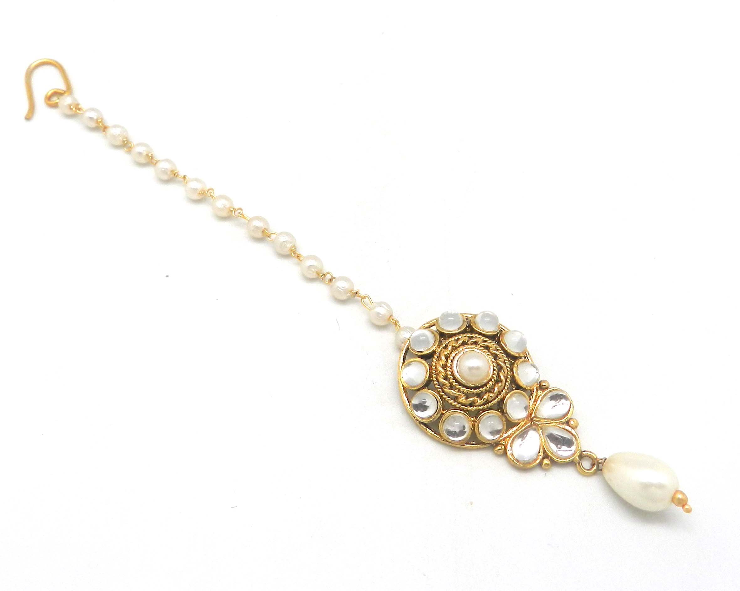 White Crystal and Kundan Maang Tikka for Women-image-4