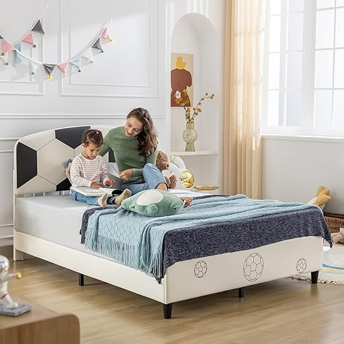 Miniatura 3 de ZAFLY Marco de cama de tamaño individual para niños, marco de cama infantil con cabecera de piel sintética, listones de madera fuertes, marco de