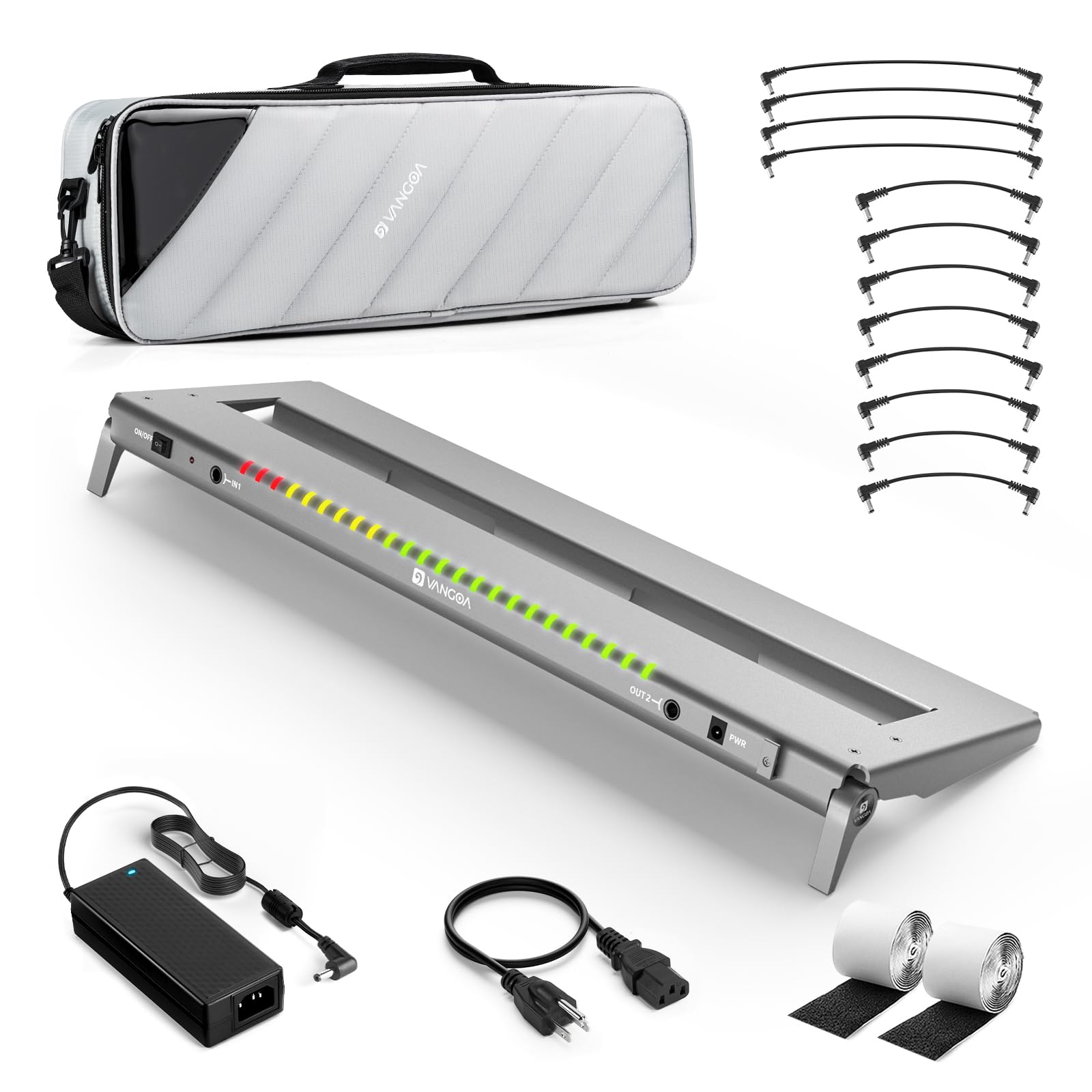 Vangoa Pro Guitar Pedal Board with 12-Isolated High-Current Power Supply, PD-XL Aluminum Folding Extended 30% More Space Powered Pedalboard Includes Premium Gig Bag, 21"x6.5", 2.7lb, Gray