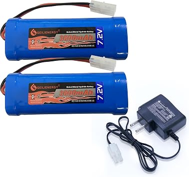 XUNTU 7.2V 3800mAh NIMH Battery 2 Pack for RC Cars, 6-Cell NiMH Flat Rechargeable Battery Pack w/Standard Tamiya Connector + 7.2V Smart Charger1 PCS