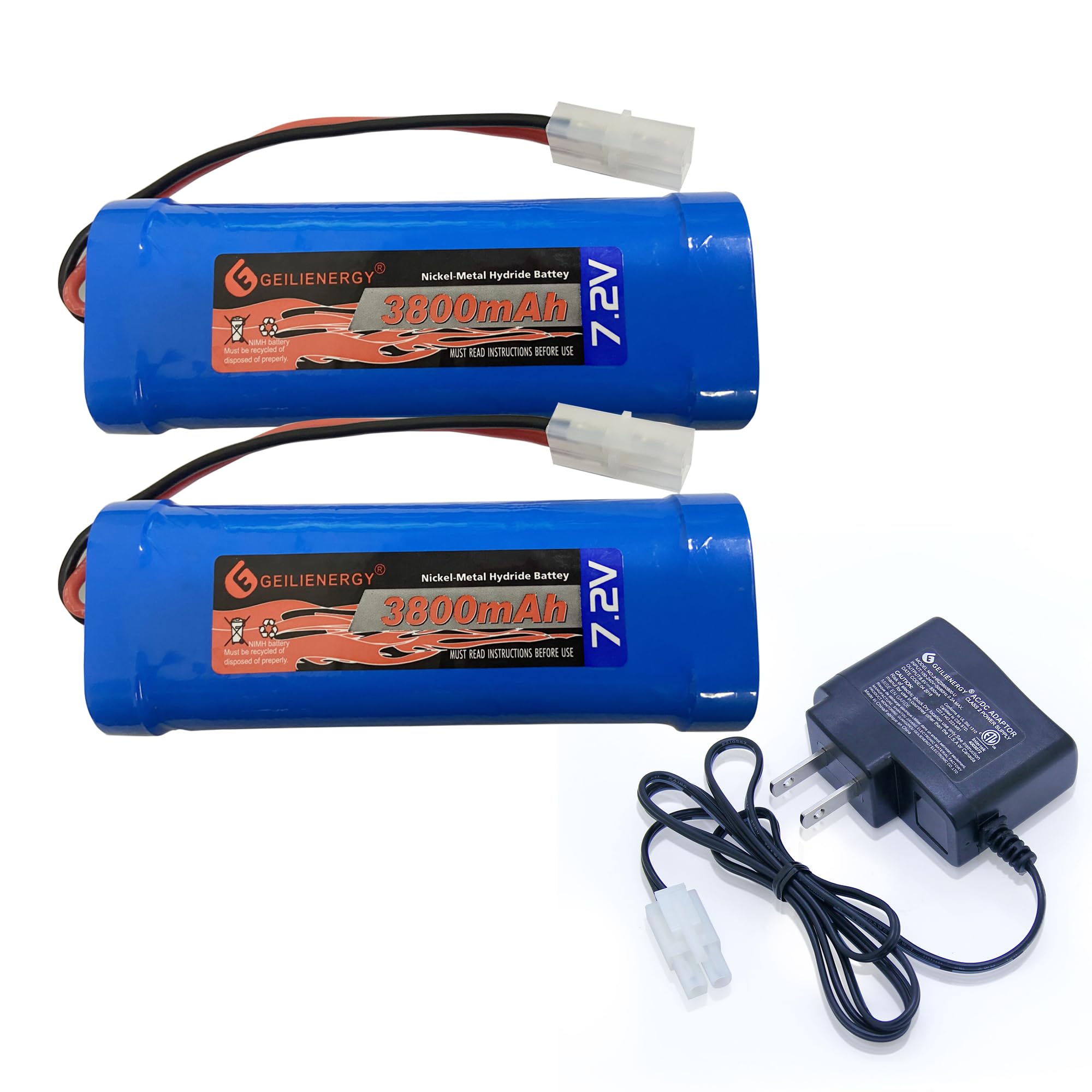 XUNTU 7.2V 3800mAh NIMH Battery (2 Pack) for RC Cars, 6-Cell NiMH Flat Rechargeable Battery Pack w/Standard Tamiya Connector + 7.2V Smart Charger(1