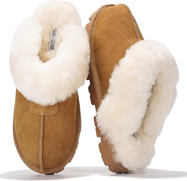 Project Cloud House Slippers for Women - Genuine Leather & Natural Fur Lining Fluffy Slippers - Memory Foam Womens Shoes (Hedy)