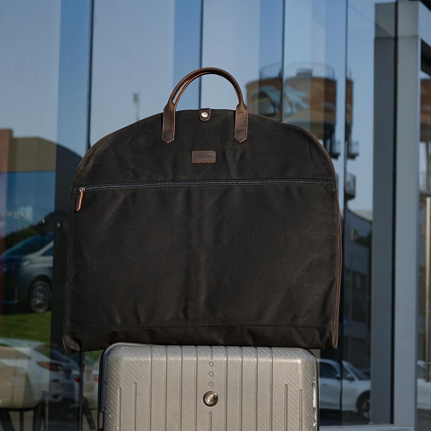 Polare 43” Waxed Canvas Full Grain Leather Trim Carry On Garment Bag for Travel, Waterproof Dust-Proof Foldable Hanging Suitcase Weekender Garment Cover with YKK Zipper (Black) - Image 7