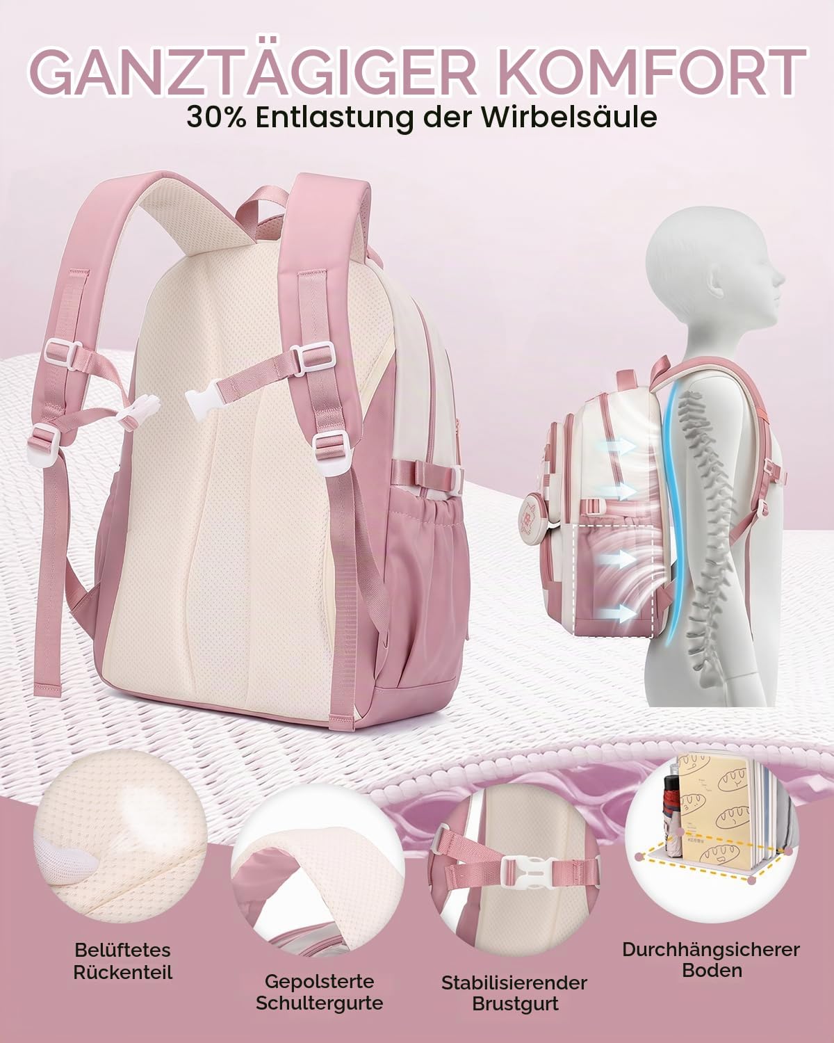 Amythe Schulrucksack für Mädchen Teenager, Großer Rucksack Schule mit 15,6" Laptopfach, Leichte Wasserdichter Schultasche Mädchen 3.-9. Klasse, Lässiger Tagesrucksäcke, Rosa