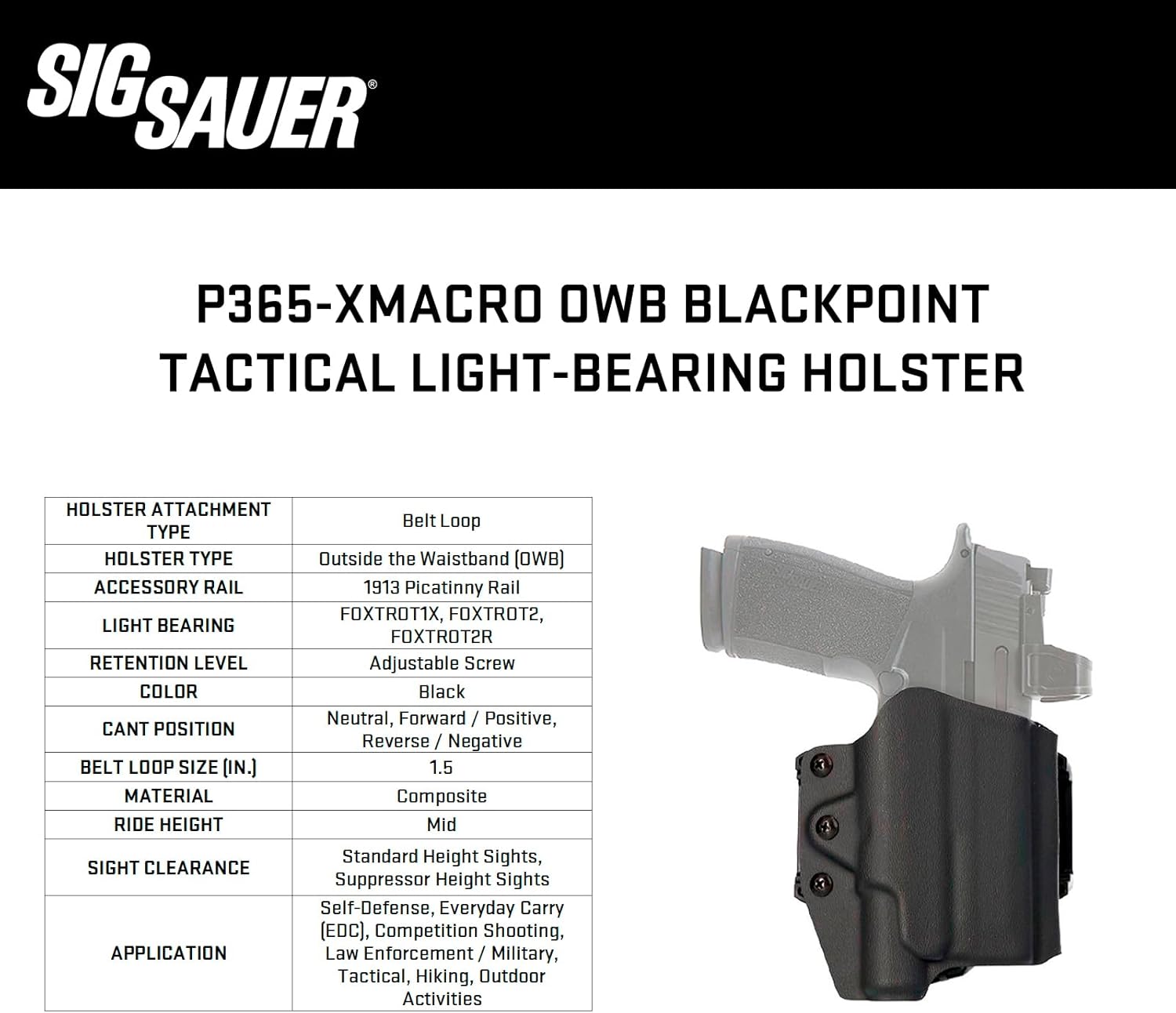 SIG SAUER P365-XMACRO OWB BlackPoint Tactical Light-Bearing Optic-Ready Black Pistol Holster, Belt Loop Attachment, FOXTROT2R Lights & Slide-Mounted Reflex Sight Compatible