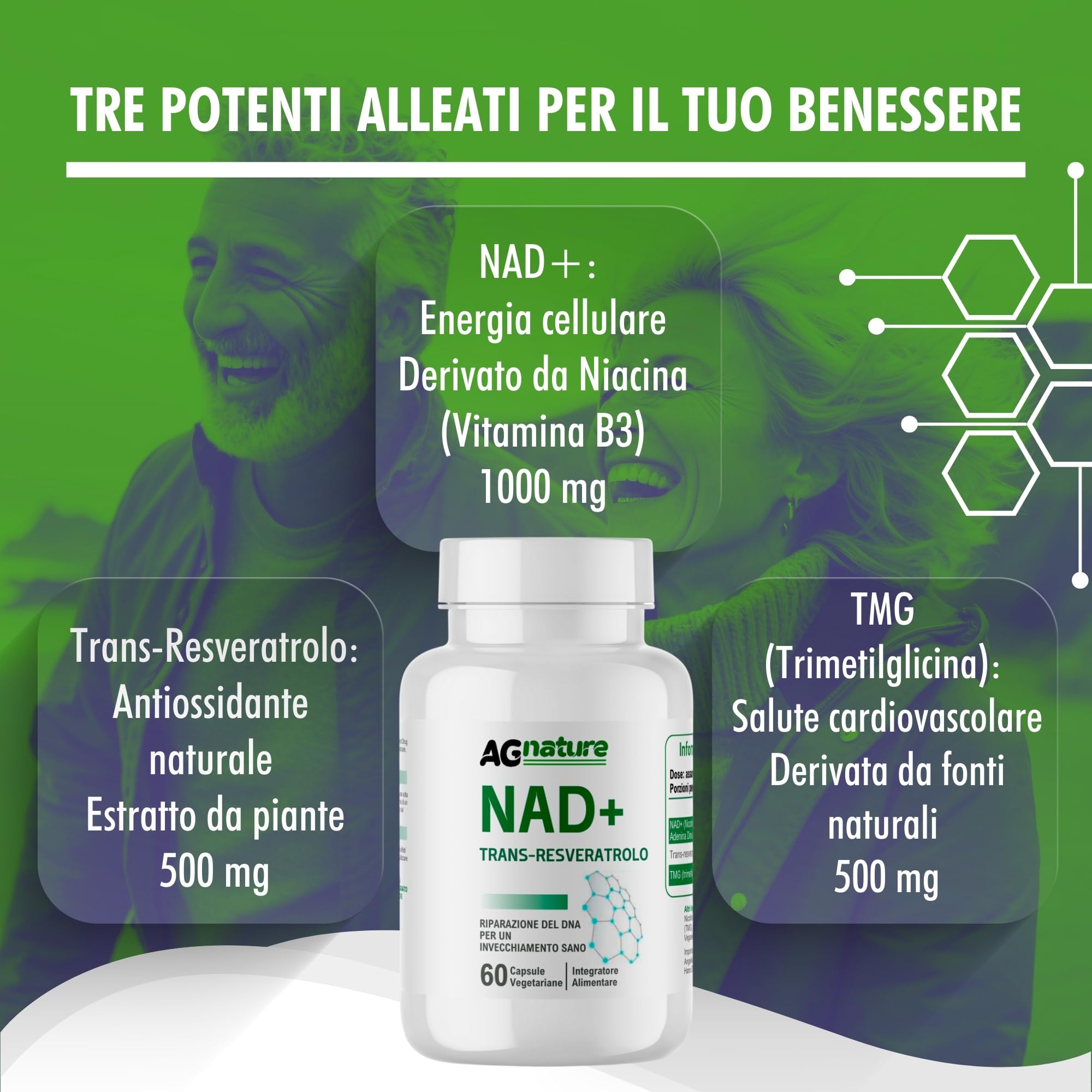 NAD Integratore Resveratrolo 1000mg Puro 60Cps - Complex Nad+ Anti-Età e Anti-Fatica con Niacina e Trimetilglicina