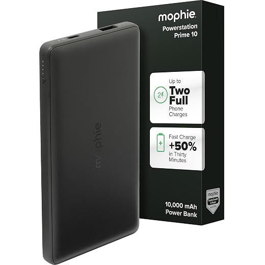 mophie Powerstation with PD Power Bank - 10,000 mAh Large Internal Battery, (1) USB-A Port and (1) 18W USB-C PD Fast Charging Input/Output Port, Travel-Friendly, Includes USB-A to USB-C Power Cord