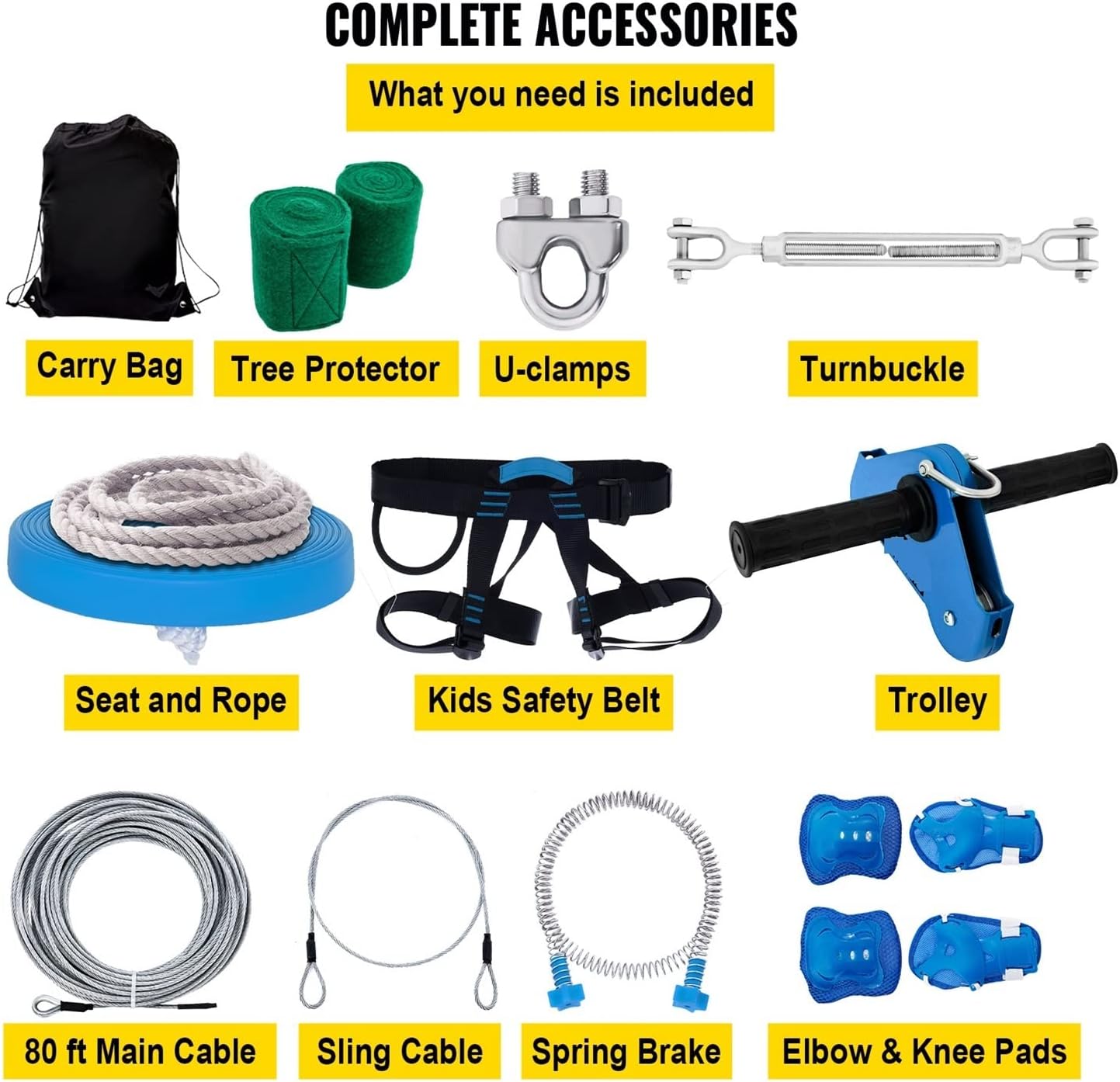 60/80FT Zip Line Kits For Backyard Zip Lines For Kid And Adult Included Swing Seat Zip Lines Brake And Steel Trolley(60ft)