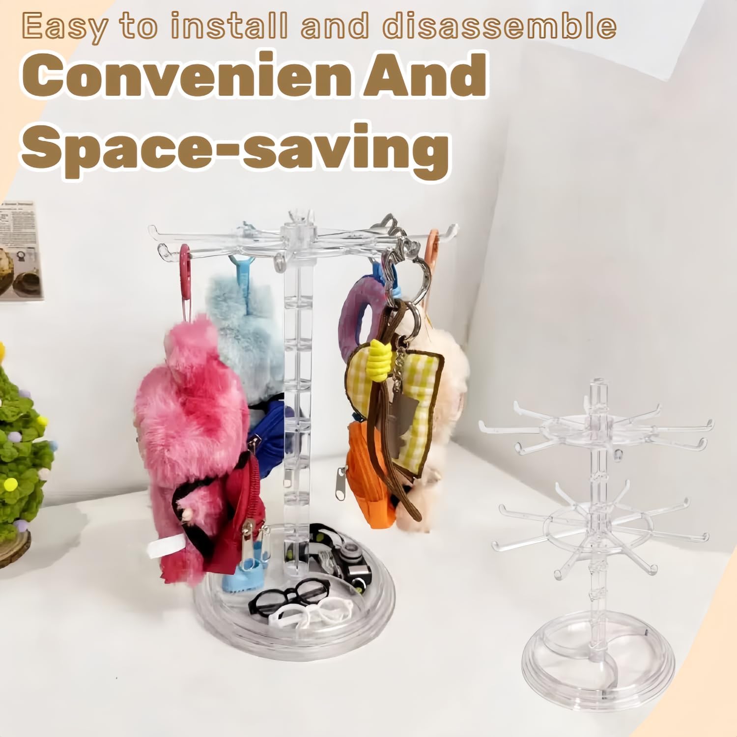 Transparent 360° Rotating Display Stand for Plush Dolls Keychains& Collectibles - All-Round Display, Manually rotates(No Doll)