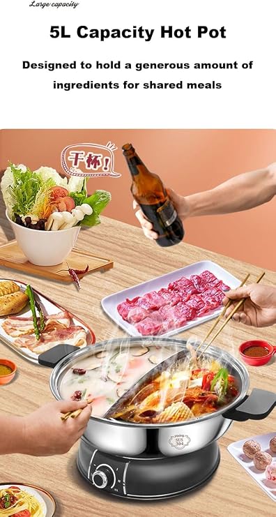 YONGXING Electric Hot Pot 30cm with Divider 304 Stainless Steel, 1400W Dual-Sided Shabu Hot Pot, 5 Liters (HS-160BU)